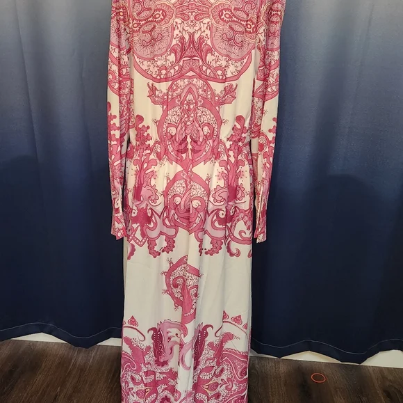 NWOT Ador hot pink and cream paisley button up long sleeved dress - Picture 5 of 6